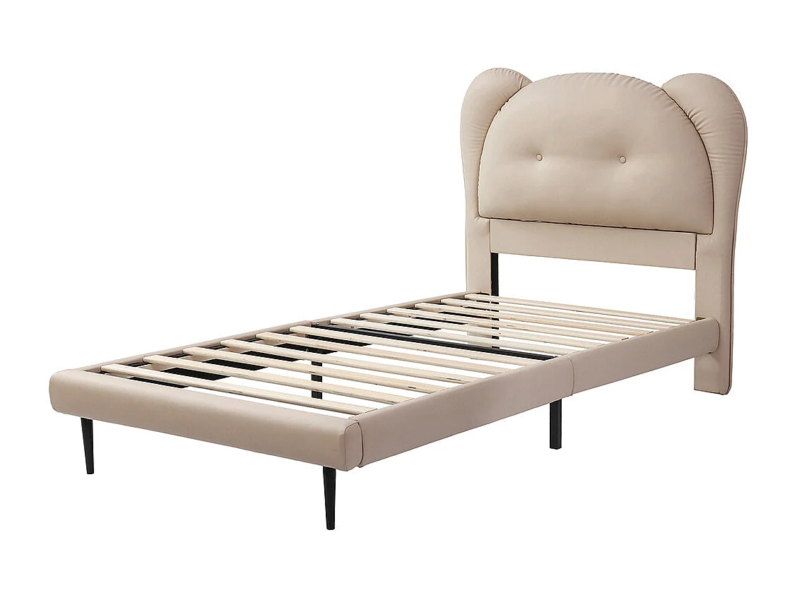 Lit enfant rembourré 90x200 tête de lit en forme danimal sommier lattes stable structure en fer PU beige