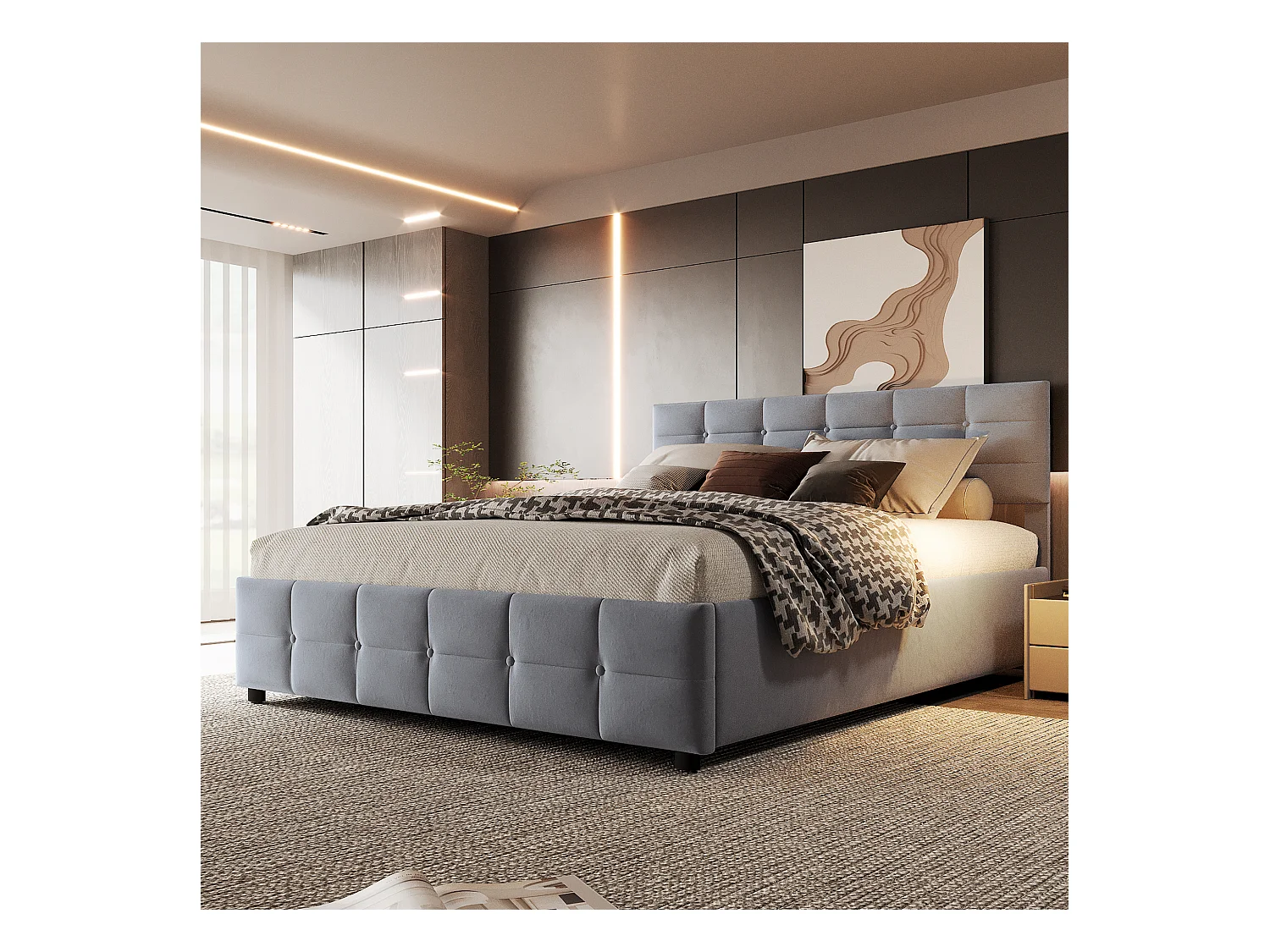 Cama estofada hidráulica 180x200 cm com arrumação por baixo, com estrado de ripas, Veludo, Cinzento