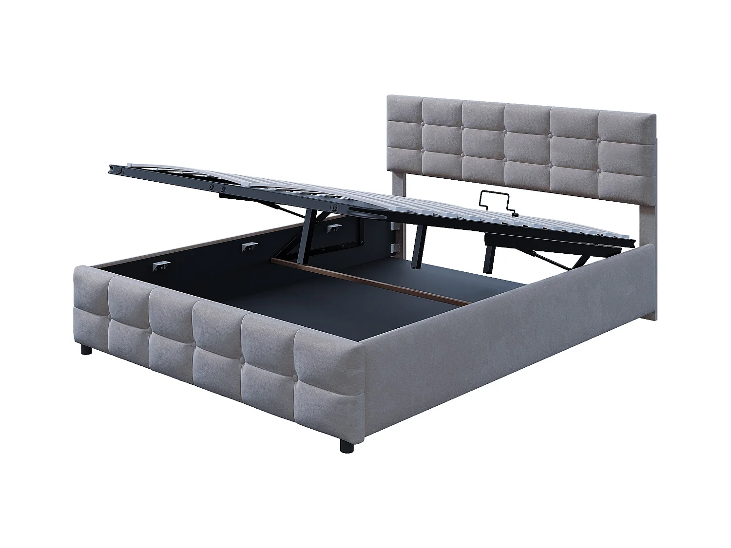 Cama estofada hidráulica 180x200 cm com arrumação por baixo, com estrado de ripas, Veludo, Cinzento