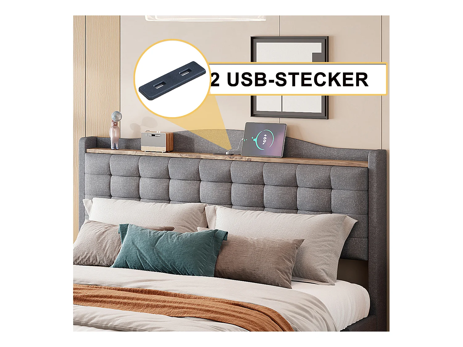 Cama 160 x 200 cm com armazenamento e USB, estrutura de cama com 4 gavetas e base de ripas, cinza escuro