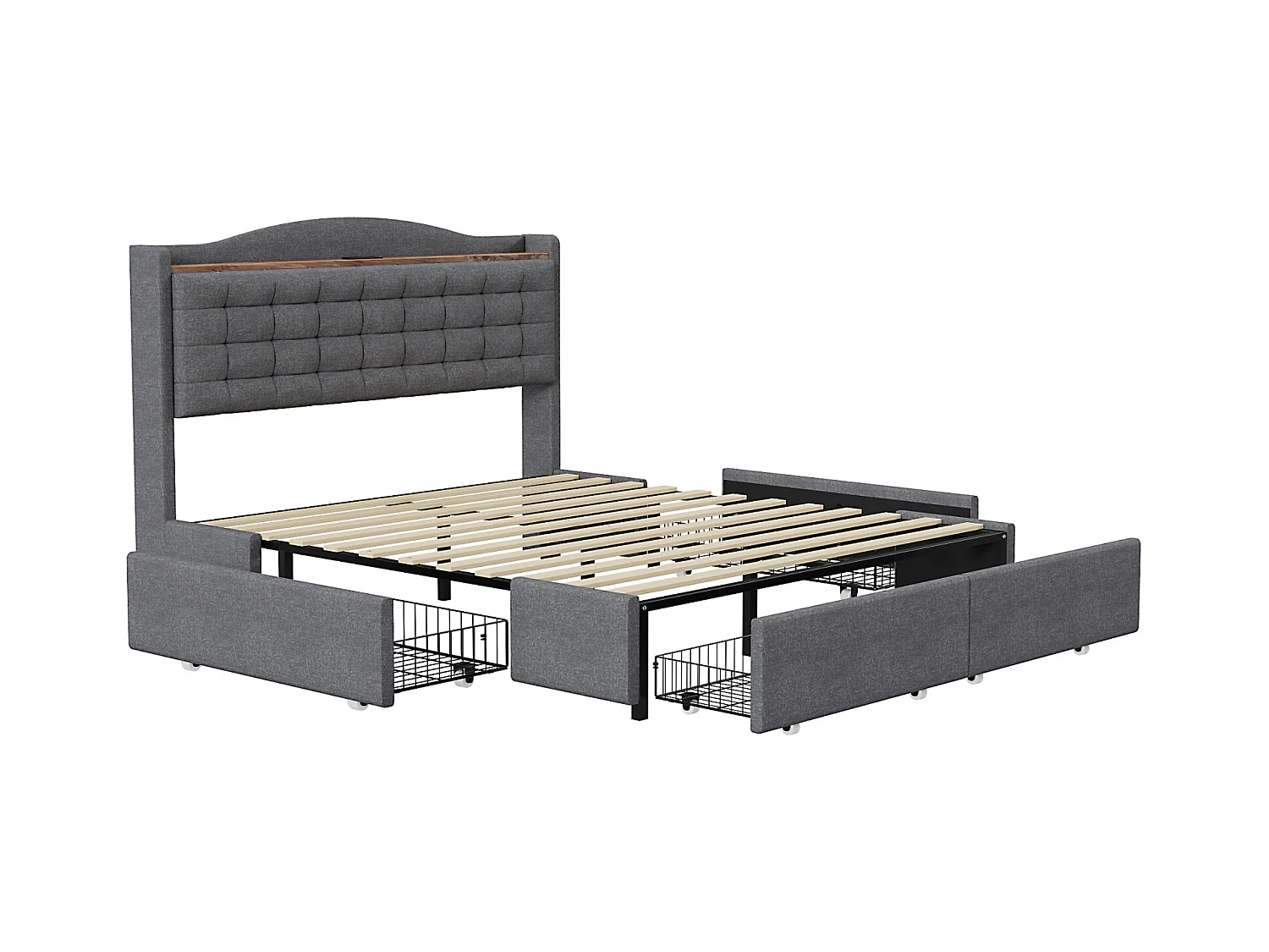 Cama 160 x 200 cm com armazenamento e USB, estrutura de cama com 4 gavetas e base de ripas, cinza escuro