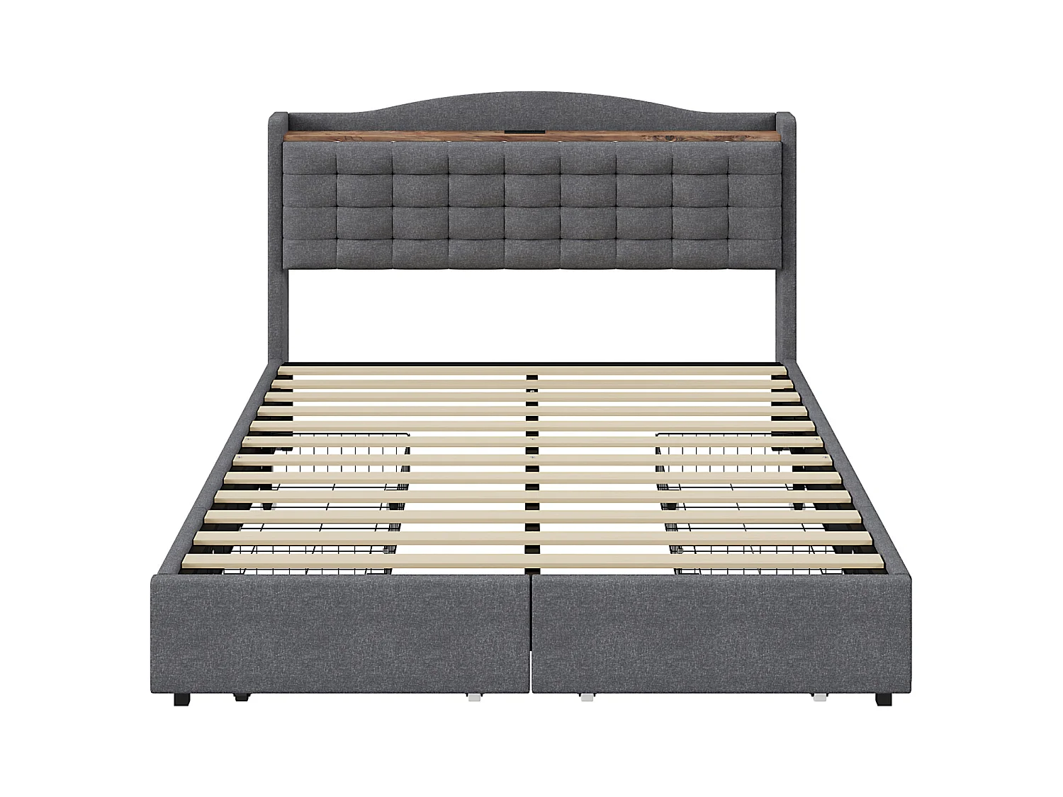 Cama 160 x 200 cm com armazenamento e USB, estrutura de cama com 4 gavetas e base de ripas, cinza escuro