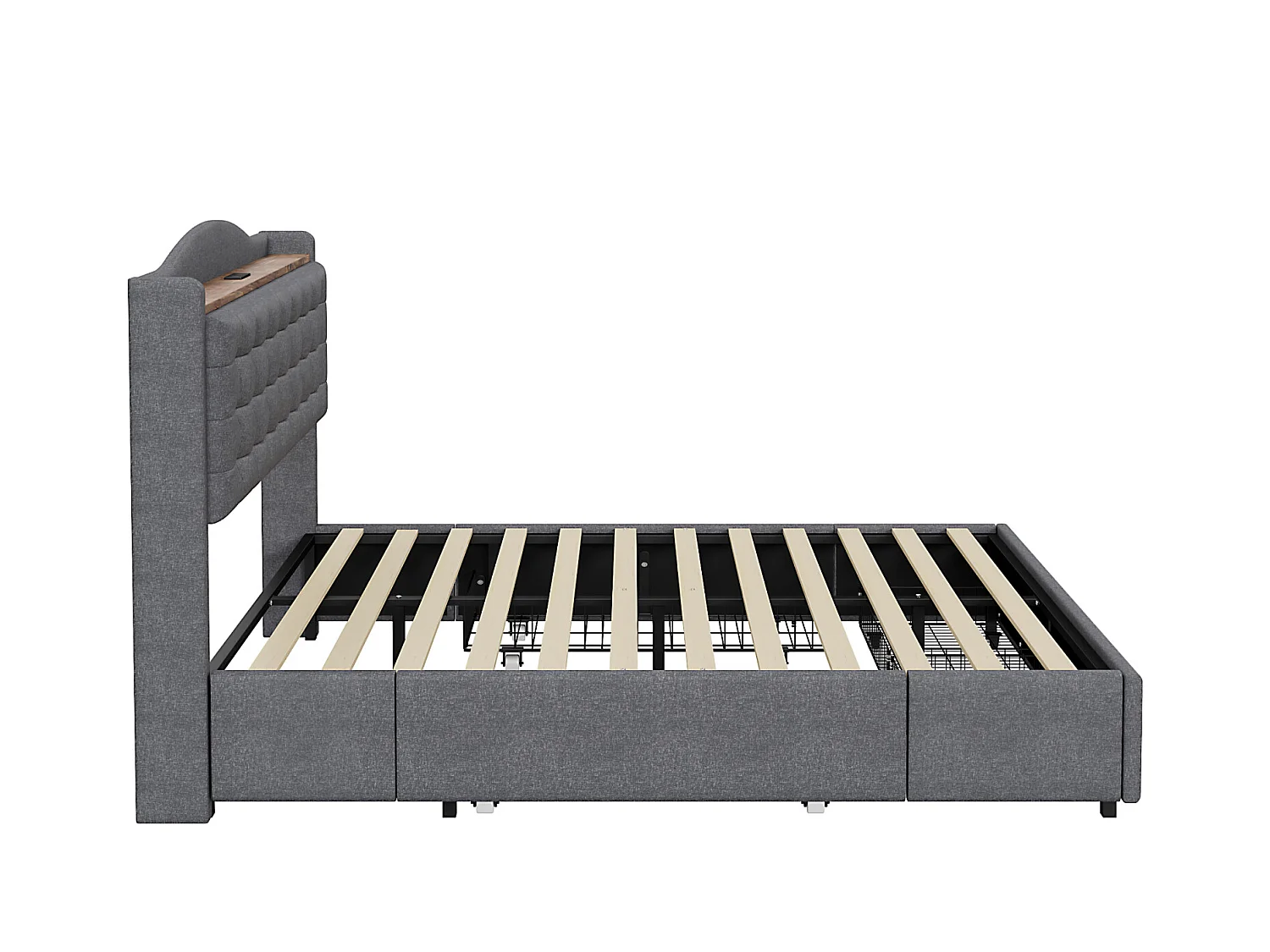 Cama 160 x 200 cm com armazenamento e USB, estrutura de cama com 4 gavetas e base de ripas, cinza escuro