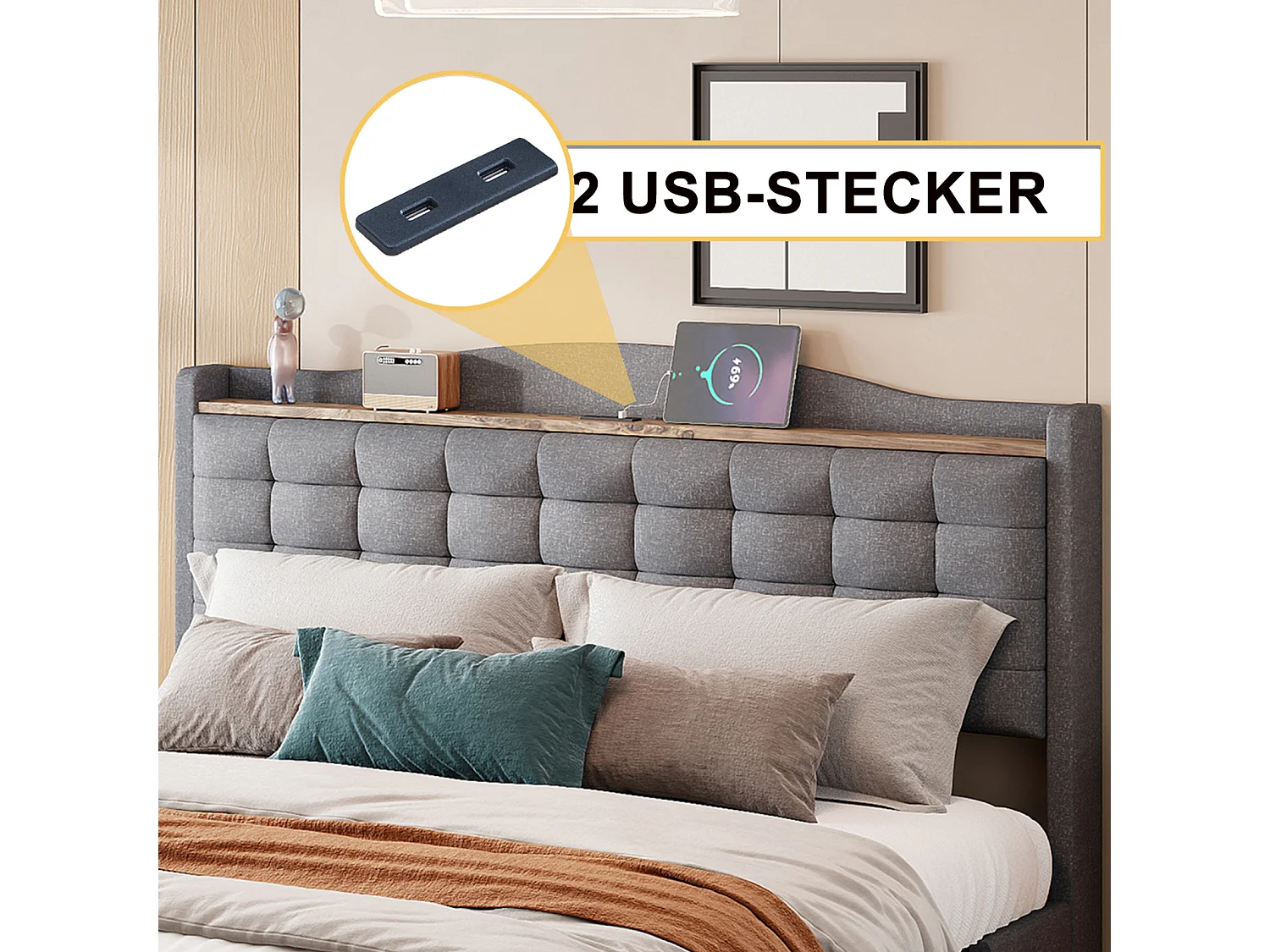 Lit 160 x 200 cm avec Rangement et USB, Cadre de Lit avec 4 Tiroirs et Sommier Lattes, Gris foncé