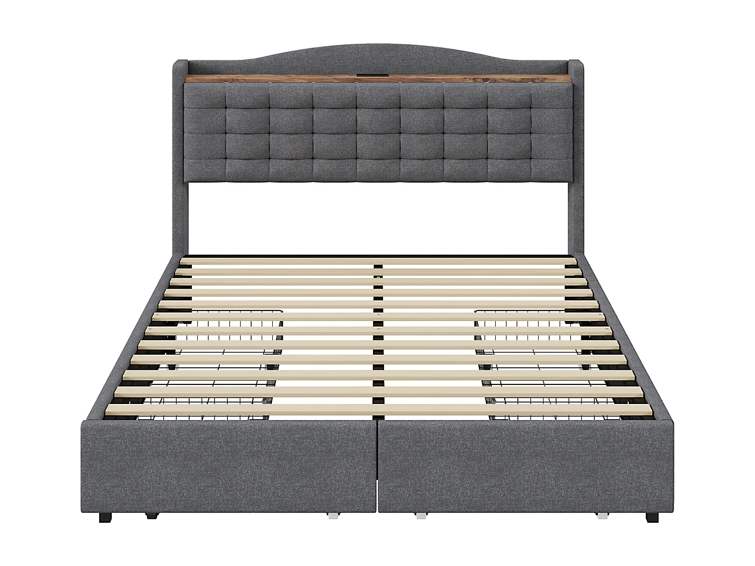 Lit 160 x 200 cm avec Rangement et USB, Cadre de Lit avec 4 Tiroirs et Sommier Lattes, Gris foncé