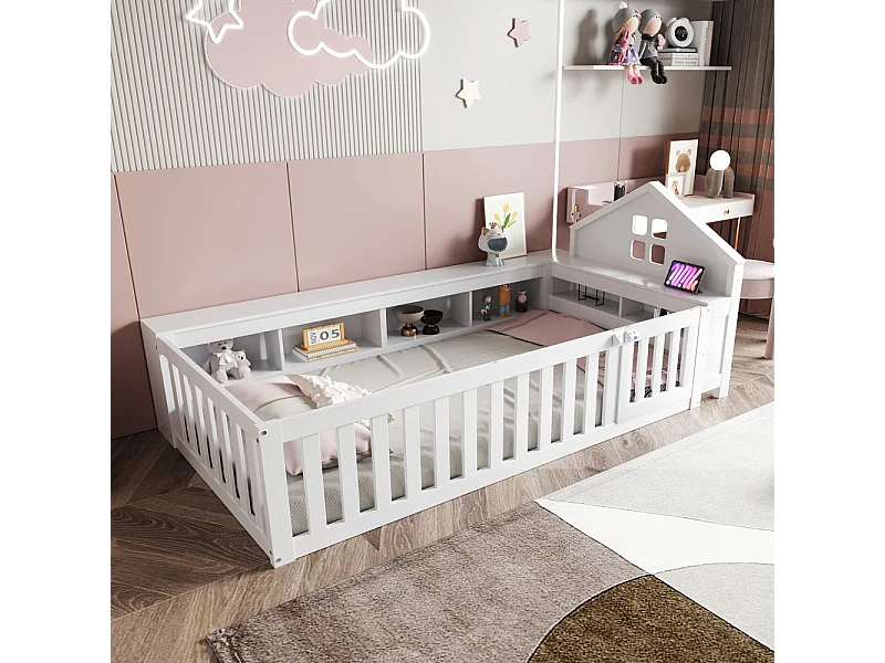 Lit enfant 90x200 avec fenêtre avec compartiment de rangement avec barrière de sécurité et porte protection de sécurité sur tout le pourtour blanc