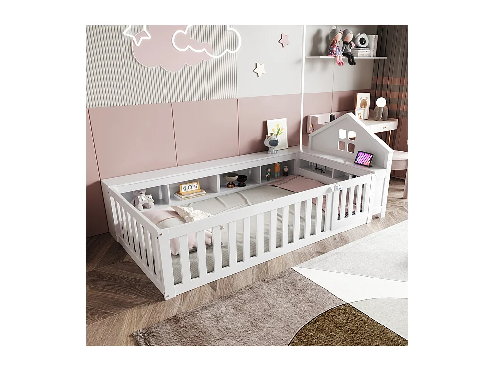Lit enfant 90x200 avec fenêtre avec compartiment de rangement avec barrière de sécurité et porte protection de sécurité sur tout le pourtour blanc
