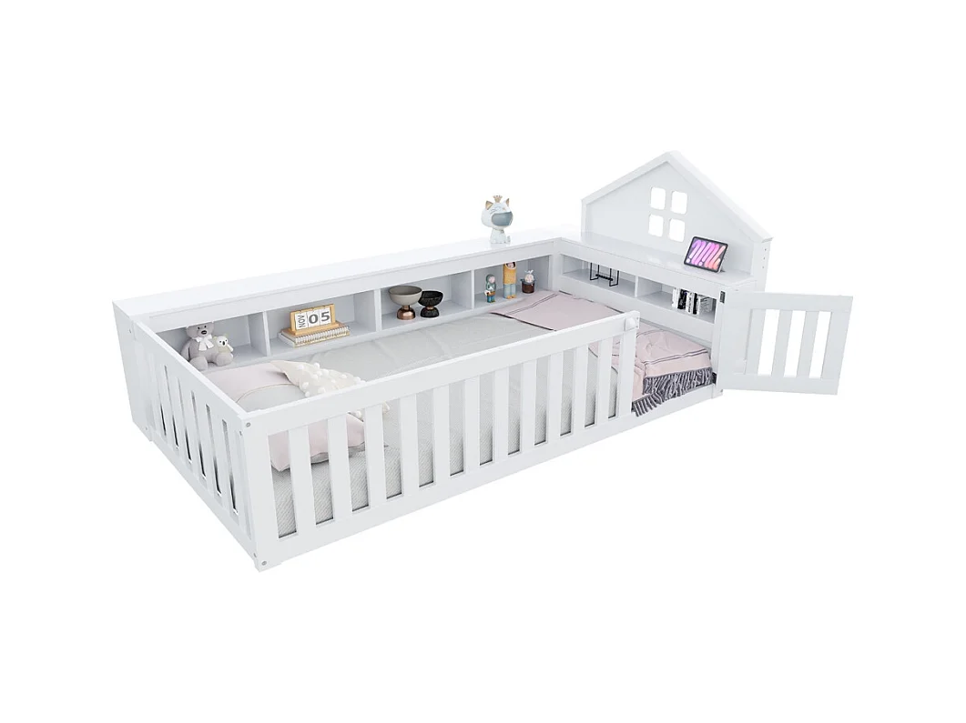 Lit enfant 90x200 avec fenêtre avec compartiment de rangement avec barrière de sécurité et porte protection de sécurité sur tout le pourtour blanc