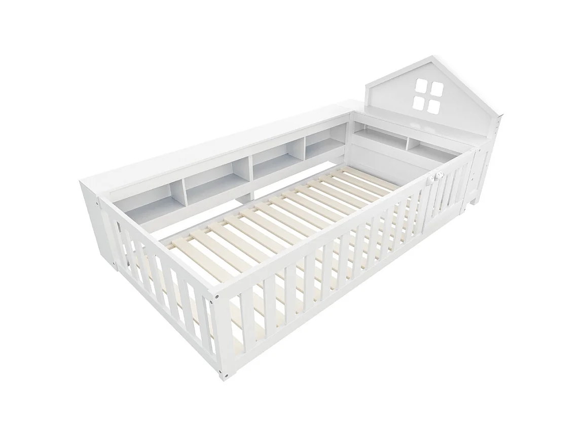 Lit enfant 90x200 avec fenêtre avec compartiment de rangement avec barrière de sécurité et porte protection de sécurité sur tout le pourtour blanc