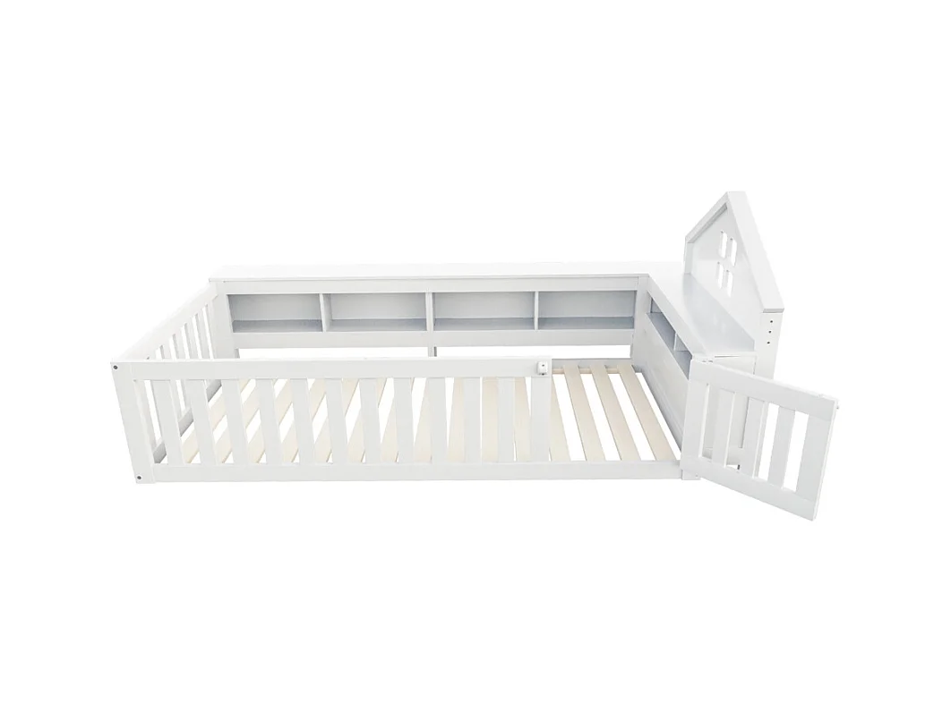 Lit enfant 90x200 avec fenêtre avec compartiment de rangement avec barrière de sécurité et porte protection de sécurité sur tout le pourtour blanc