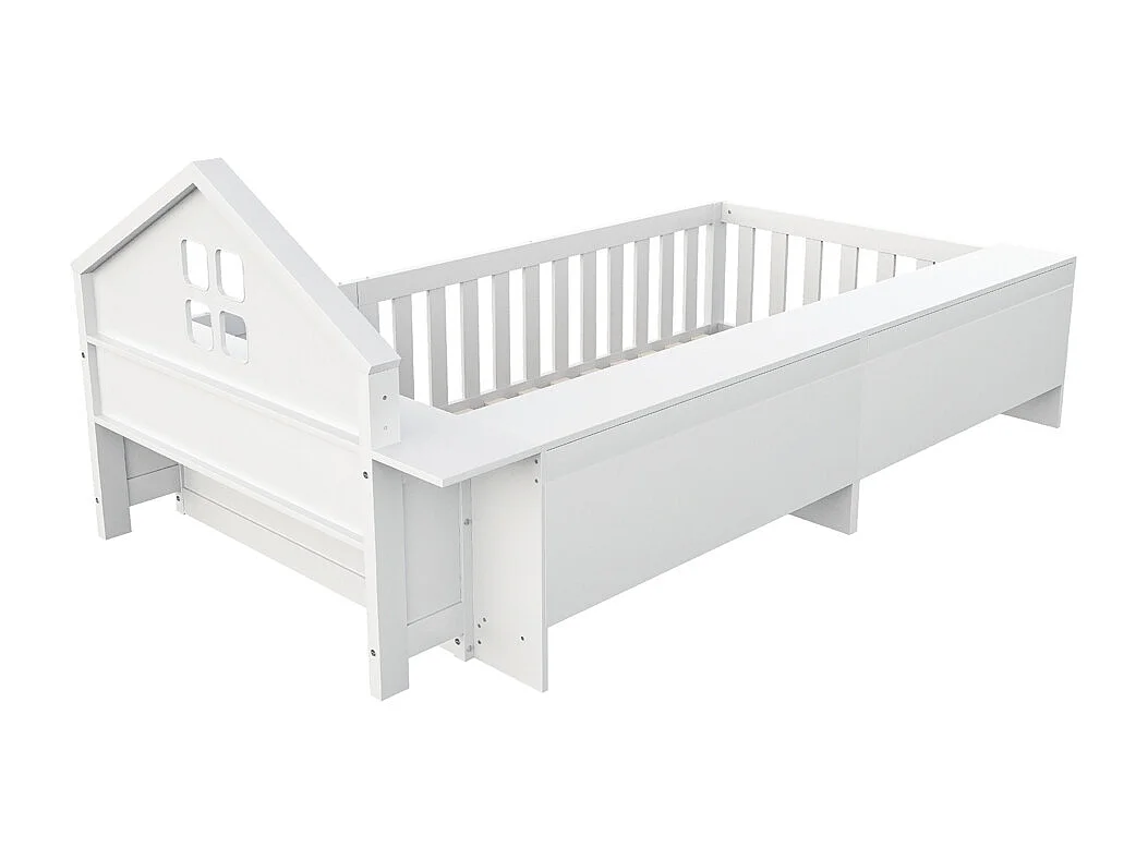 Lit enfant 90x200 avec fenêtre avec compartiment de rangement avec barrière de sécurité et porte protection de sécurité sur tout le pourtour blanc