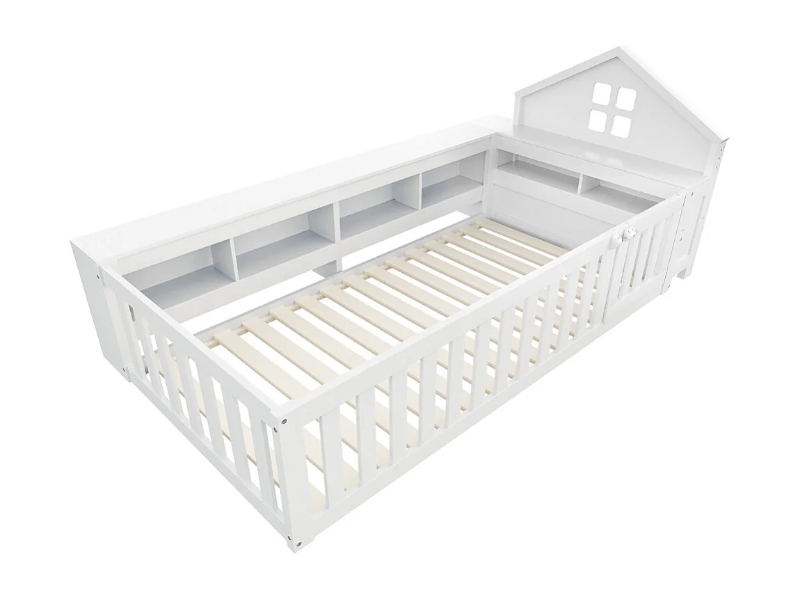 Lit enfant 90x200 avec fenêtre avec compartiment de rangement avec barrière de sécurité et porte protection de sécurité sur tout le pourtour blanc