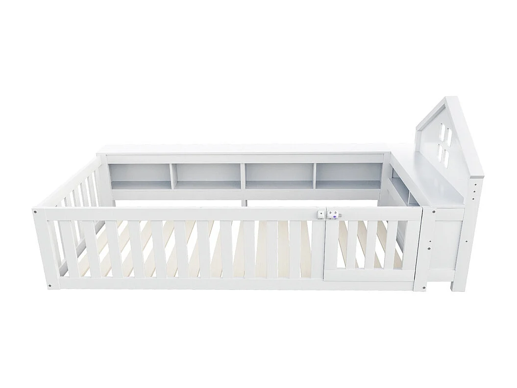 Lit enfant 90x200 avec fenêtre avec compartiment de rangement avec barrière de sécurité et porte protection de sécurité sur tout le pourtour blanc