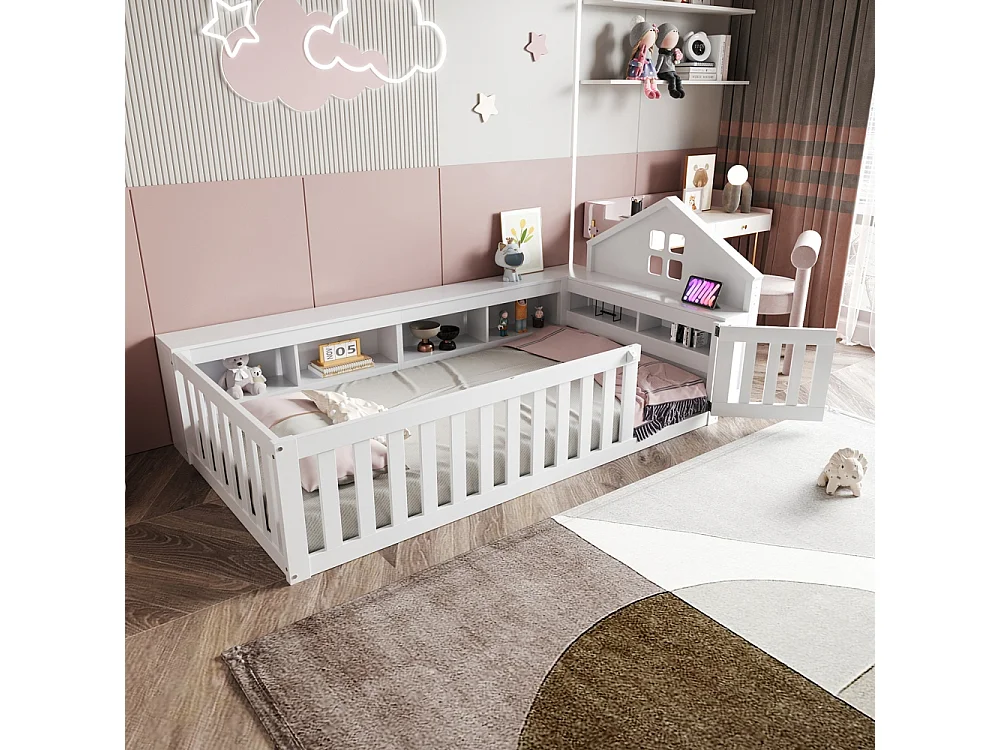 Lit enfant 90x200 avec fenêtre avec compartiment de rangement avec barrière de sécurité et porte protection de sécurité sur tout le pourtour blanc
