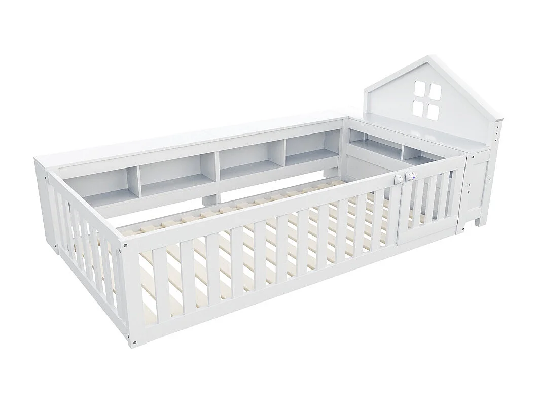 Lit enfant 90x200 avec fenêtre avec compartiment de rangement avec barrière de sécurité et porte protection de sécurité sur tout le pourtour blanc