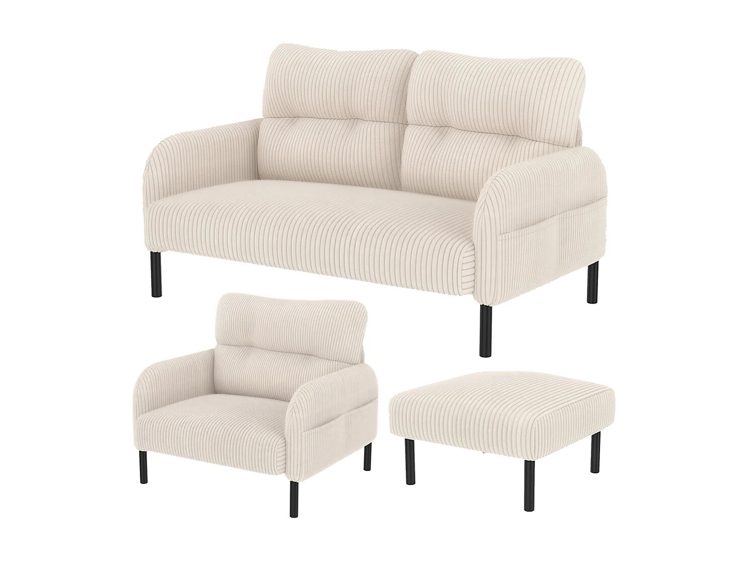 3-delige set corduroy fauteuil kruk tweezitsbank zijvak stalen frame zachte rugleuning modulair beige