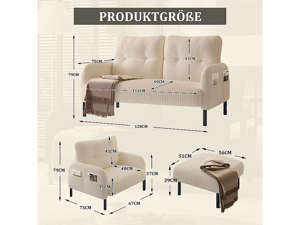 3-delige set corduroy fauteuil kruk tweezitsbank zijvak stalen frame zachte rugleuning modulair beige