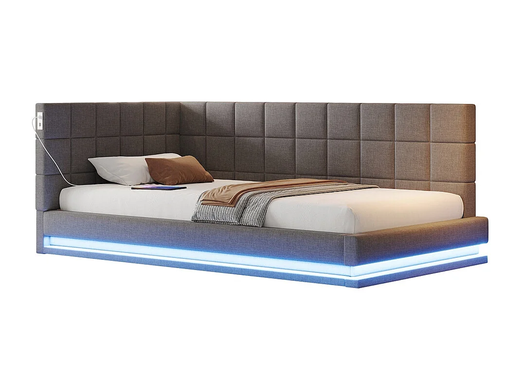 LIt double rembourré 90x200 avec bande lumineuse LED prise USB et sommier à lattes tissu velours agréable au toucher gris