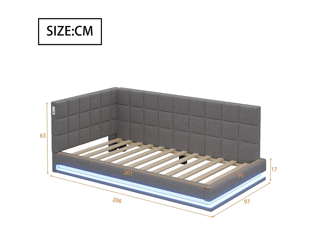 LIt double rembourré 90x200 avec bande lumineuse LED prise USB et sommier à lattes tissu velours agréable au toucher gris