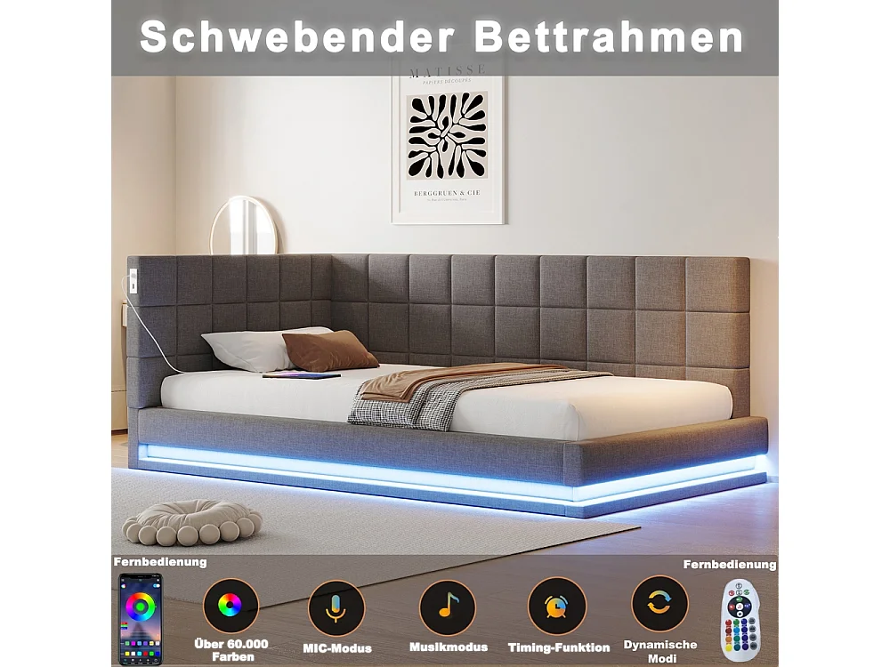 LIt double rembourré 90x200 avec bande lumineuse LED prise USB et sommier à lattes tissu velours agréable au toucher gris