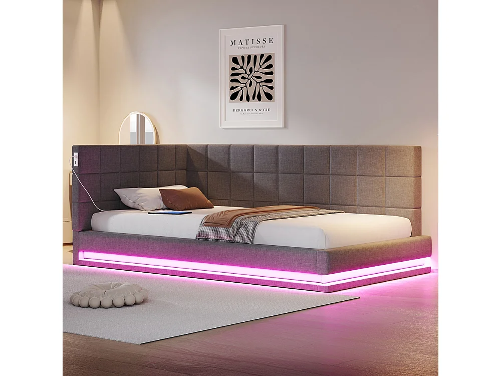 LIt double rembourré 90x200 avec bande lumineuse LED prise USB et sommier à lattes tissu velours agréable au toucher gris