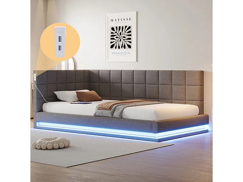 LIt double rembourré 90x200 avec bande lumineuse LED prise USB et sommier à lattes tissu velours agréable au toucher gris