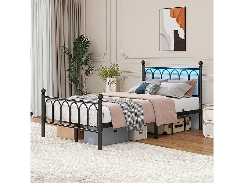 Lit adulte cadre en métal 120x200 cm avec tête et pied vintage station USB éclairage LED lattes acier rangement sous lit noir