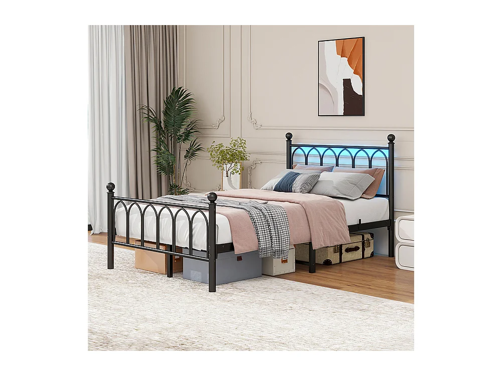 Lit adulte cadre en métal 120x200 cm avec tête et pied vintage station USB éclairage LED lattes acier rangement sous lit noir