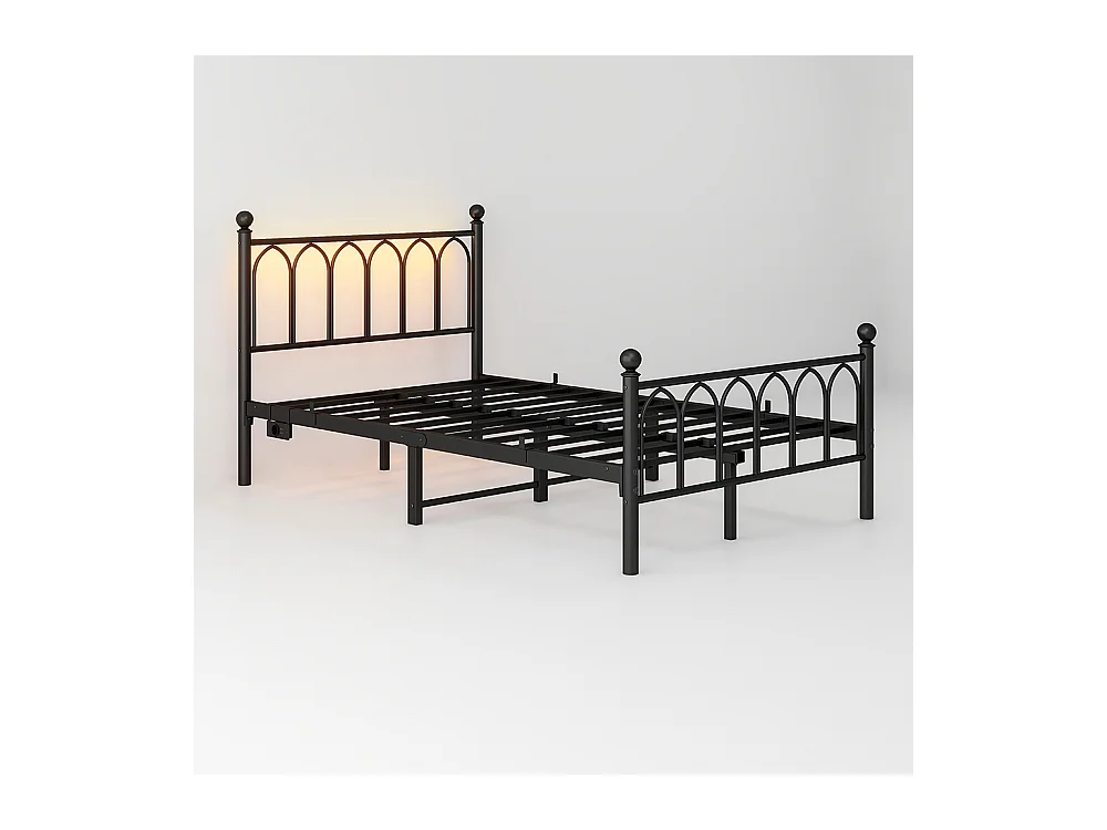 Lit adulte cadre en métal 120x200 cm avec tête et pied vintage station USB éclairage LED lattes acier rangement sous lit noir