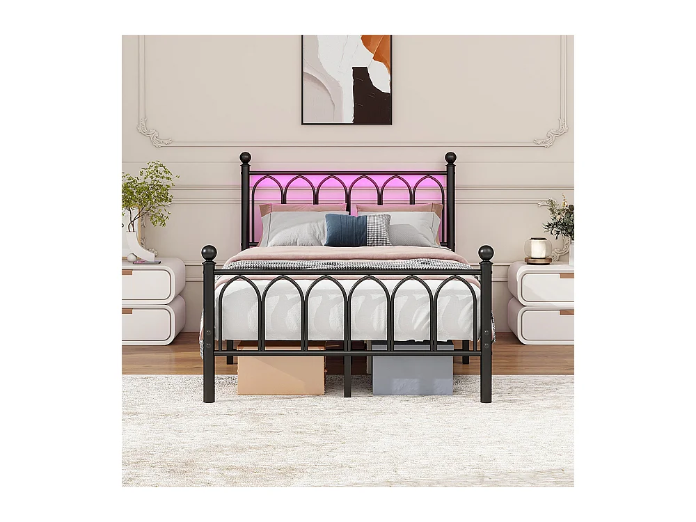 Lit adulte cadre en métal 120x200 cm avec tête et pied vintage station USB éclairage LED lattes acier rangement sous lit noir