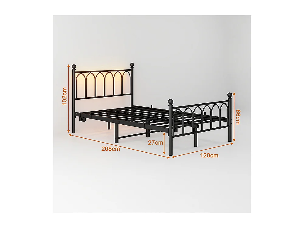 Lit adulte cadre en métal 120x200 cm avec tête et pied vintage station USB éclairage LED lattes acier rangement sous lit noir