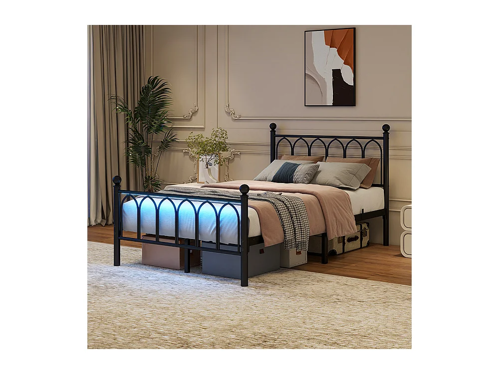 Lit adulte cadre en métal 120x200 cm avec tête et pied vintage station USB éclairage LED lattes acier rangement sous lit noir
