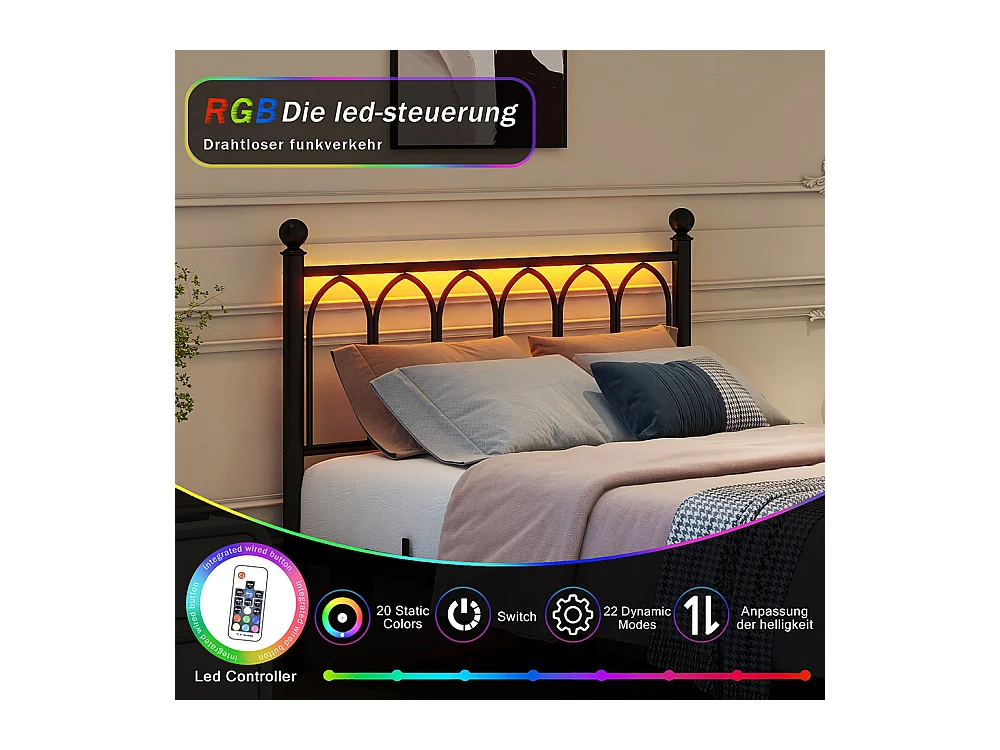 Lit adulte cadre en métal 120x200 cm avec tête et pied vintage station USB éclairage LED lattes acier rangement sous lit noir