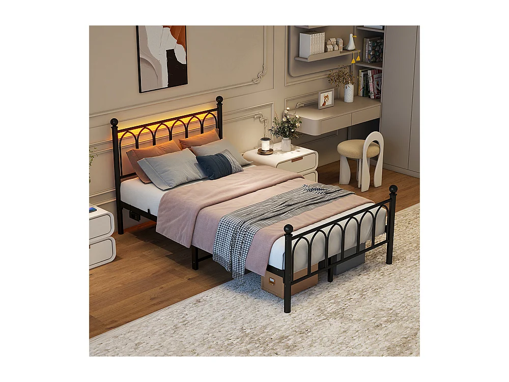 Lit adulte cadre en métal 120x200 cm avec tête et pied vintage station USB éclairage LED lattes acier rangement sous lit noir