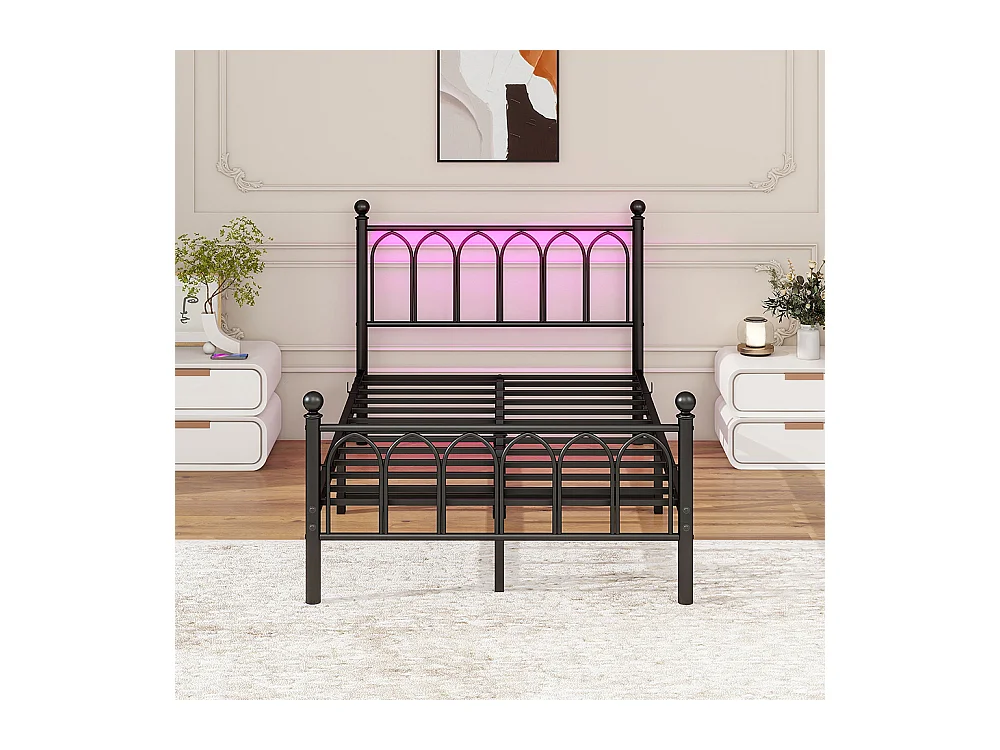 Lit adulte cadre en métal 120x200 cm avec tête et pied vintage station USB éclairage LED lattes acier rangement sous lit noir