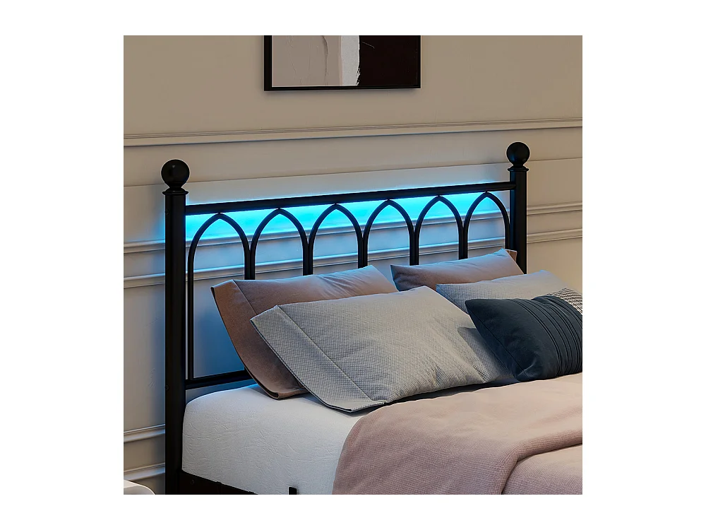 Lit adulte cadre en métal 120x200 cm avec tête et pied vintage station USB éclairage LED lattes acier rangement sous lit noir