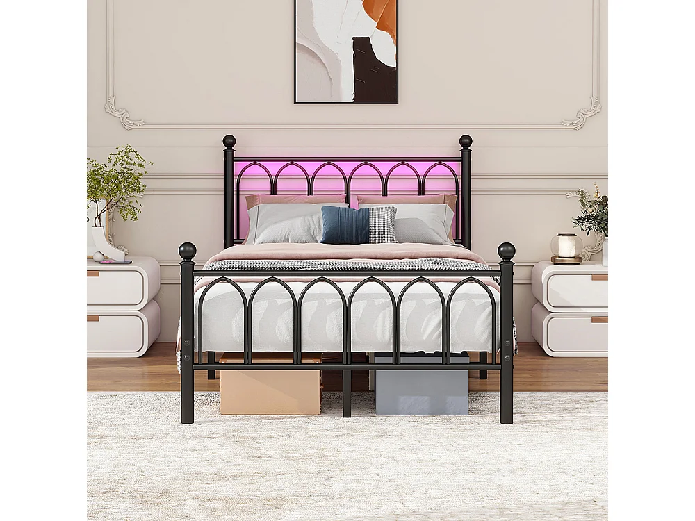 Lit adulte cadre en métal 120x200 cm avec tête et pied vintage station USB éclairage LED lattes acier rangement sous lit noir
