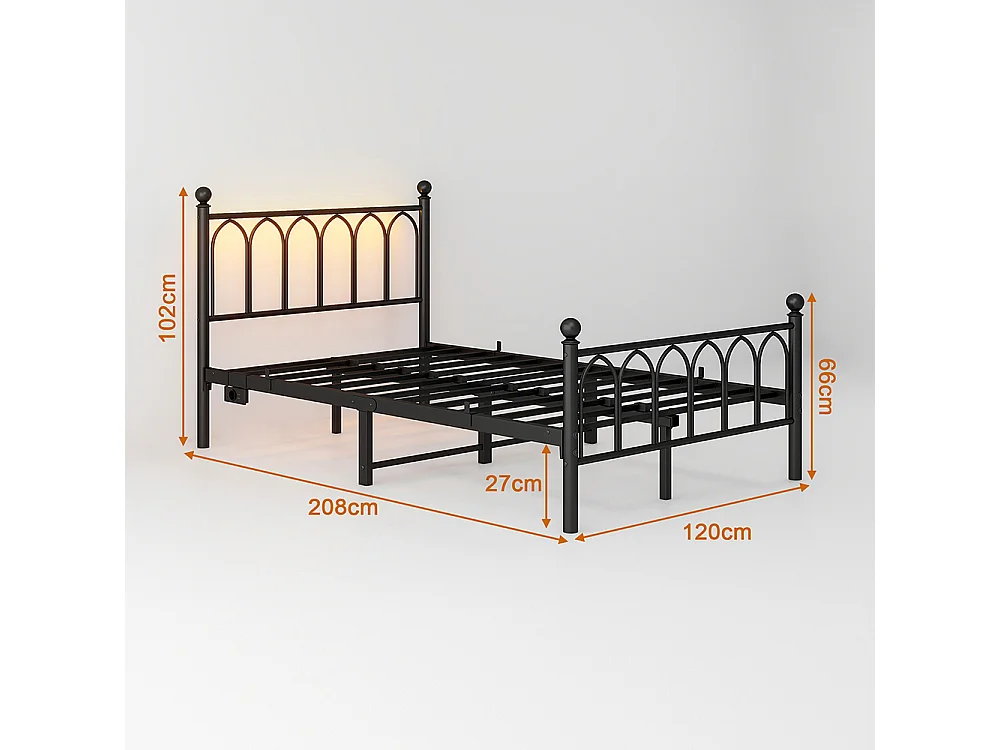 Lit adulte cadre en métal 120x200 cm avec tête et pied vintage station USB éclairage LED lattes acier rangement sous lit noir