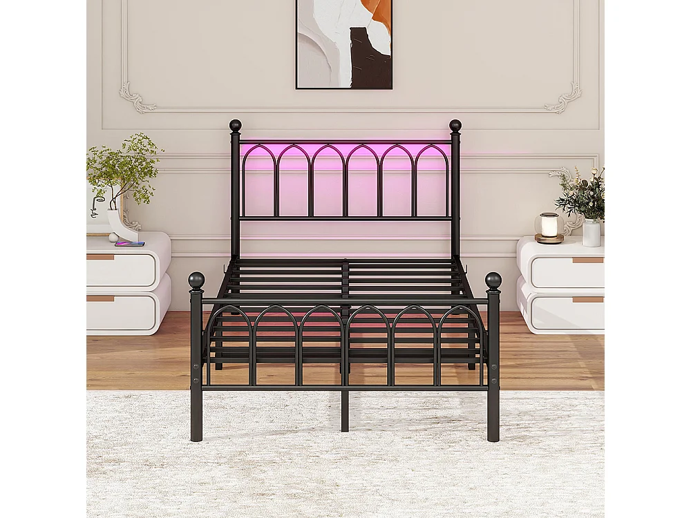 Lit adulte cadre en métal 120x200 cm avec tête et pied vintage station USB éclairage LED lattes acier rangement sous lit noir