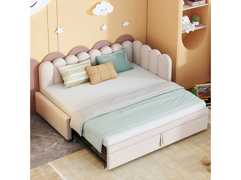 Lit gigogne rembourré en L 90x200 cm avec dossier à fleurs et lit enfant en velours beige