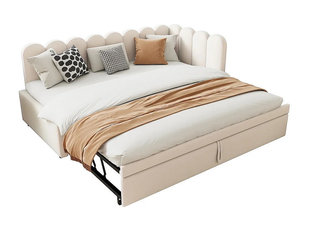 Lit gigogne rembourré en L 90x200 cm avec dossier à fleurs et lit enfant en velours beige