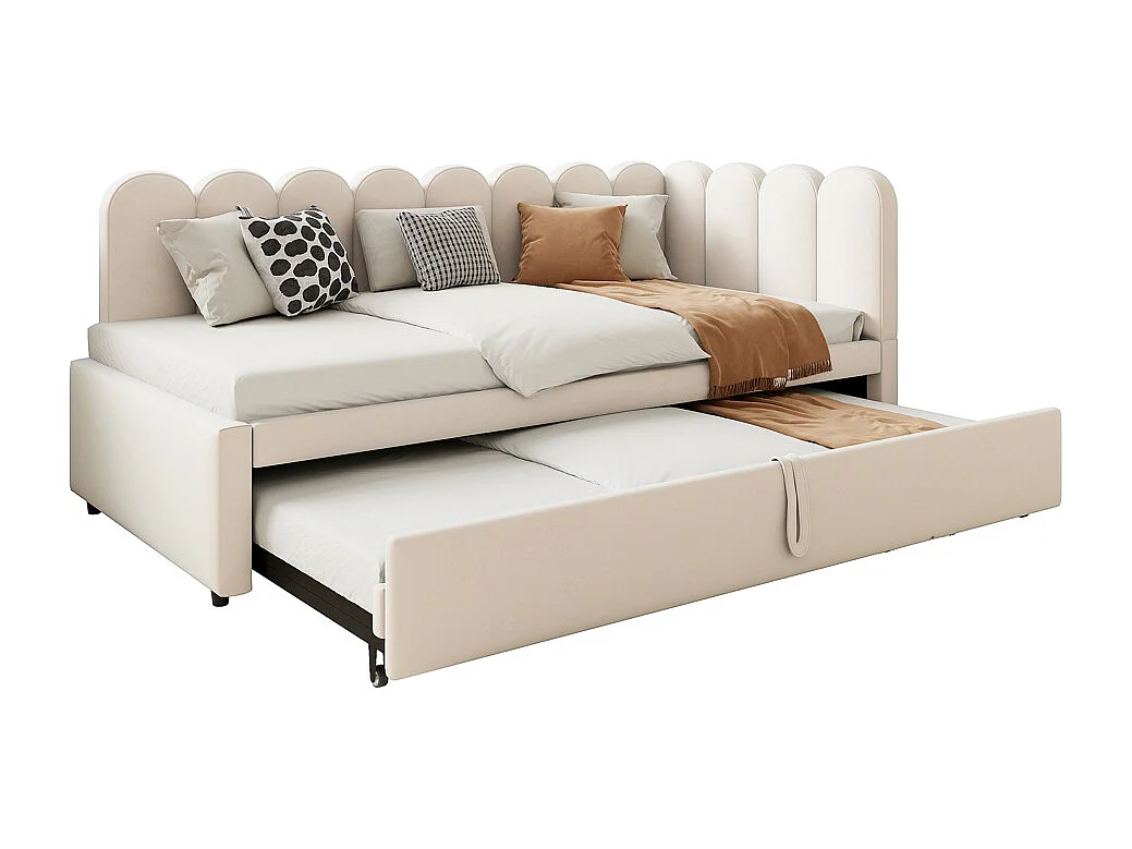 Lit gigogne rembourré en L 90x200 cm avec dossier à fleurs et lit enfant en velours beige