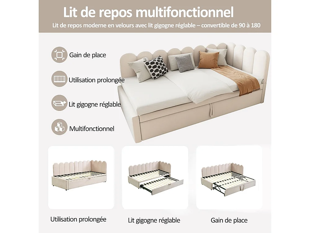 Lit gigogne rembourré en L 90x200 cm avec dossier à fleurs et lit enfant en velours beige