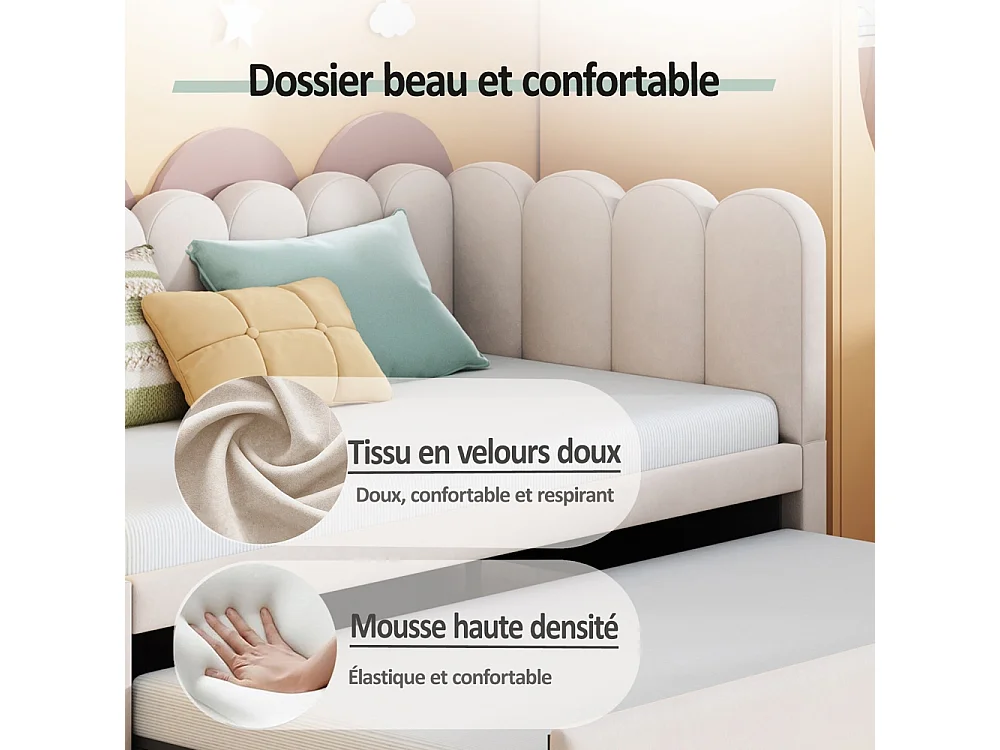 Lit gigogne rembourré en L 90x200 cm avec dossier à fleurs et lit enfant en velours beige