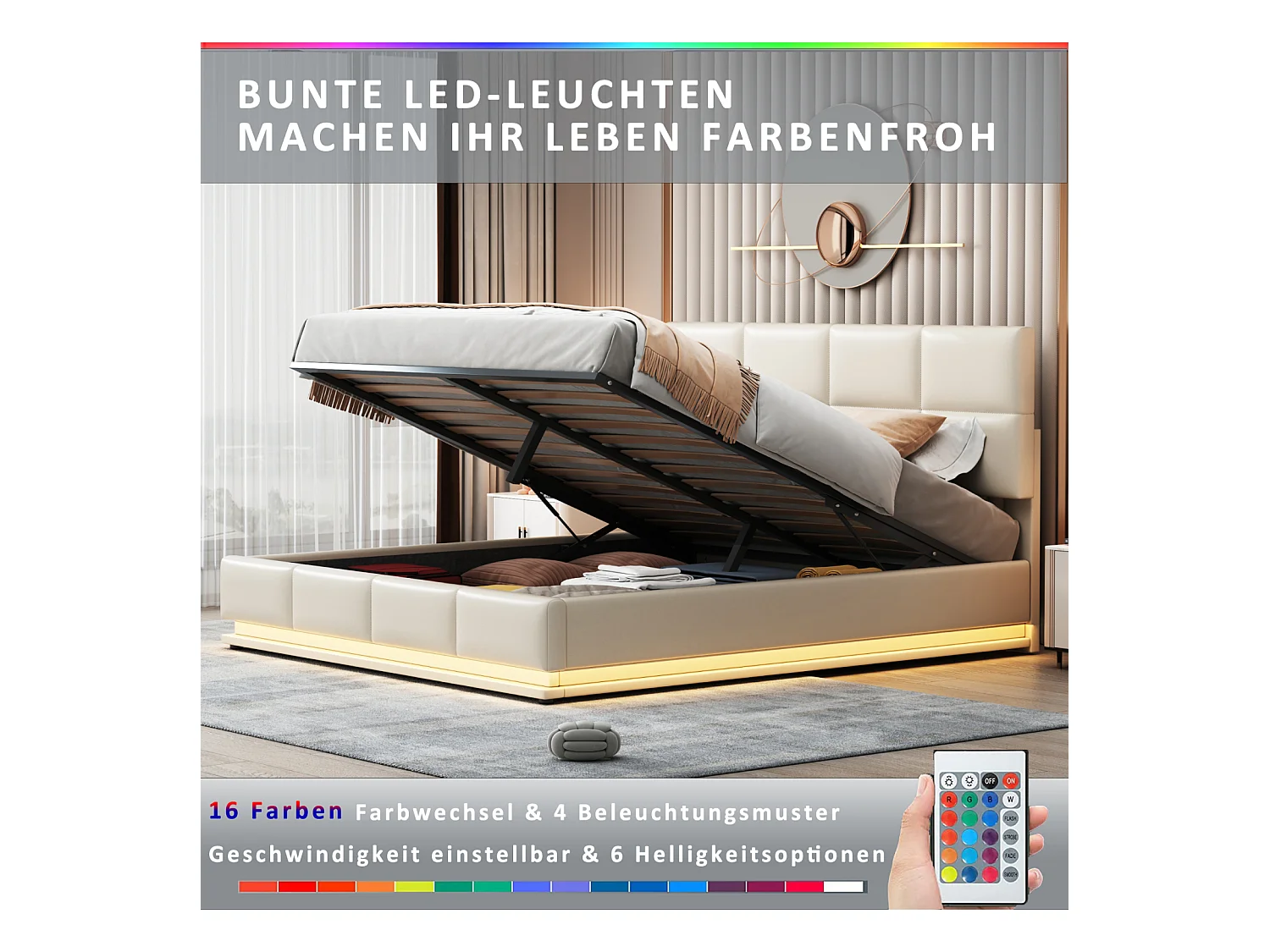 Lit double 180 x 200 cm, rembourré, avec espace de rangement,  avec LED, avec sommier à lattes,beige