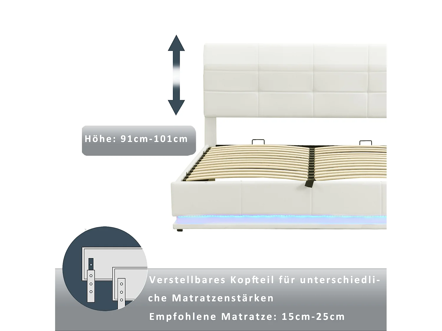 Lit double 180 x 200 cm, rembourré, avec espace de rangement,  avec LED, avec sommier à lattes,beige