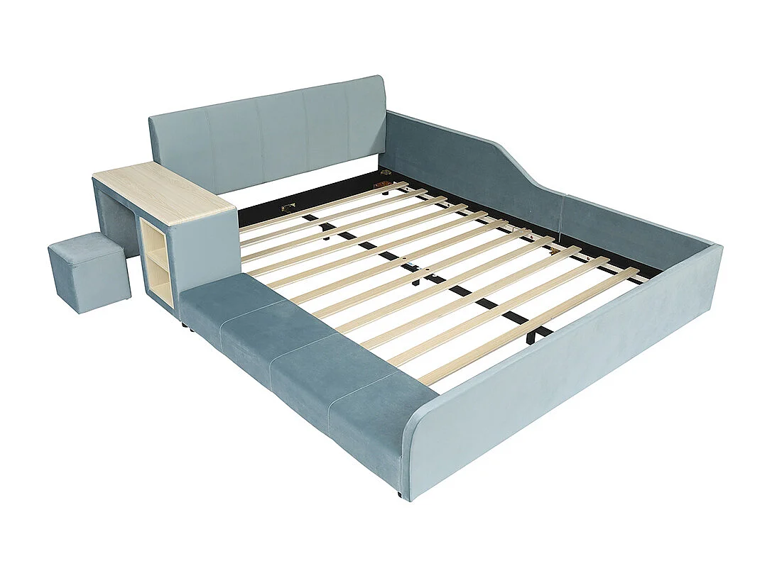 Lit enfant 140x200 rembourré bureau tabouret tête moelleuse velours bleu
