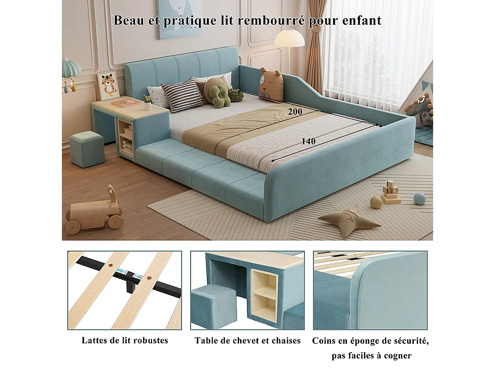 Lit enfant 140x200 rembourré bureau tabouret tête moelleuse velours bleu