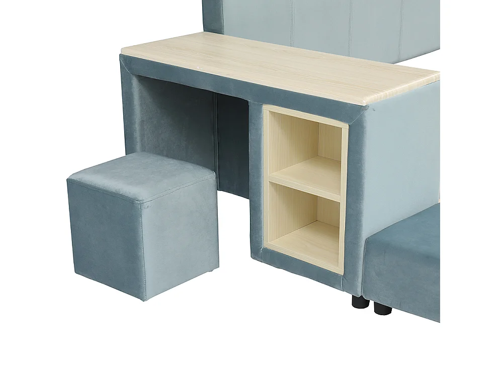 Lit enfant 140x200 rembourré bureau tabouret tête moelleuse velours bleu