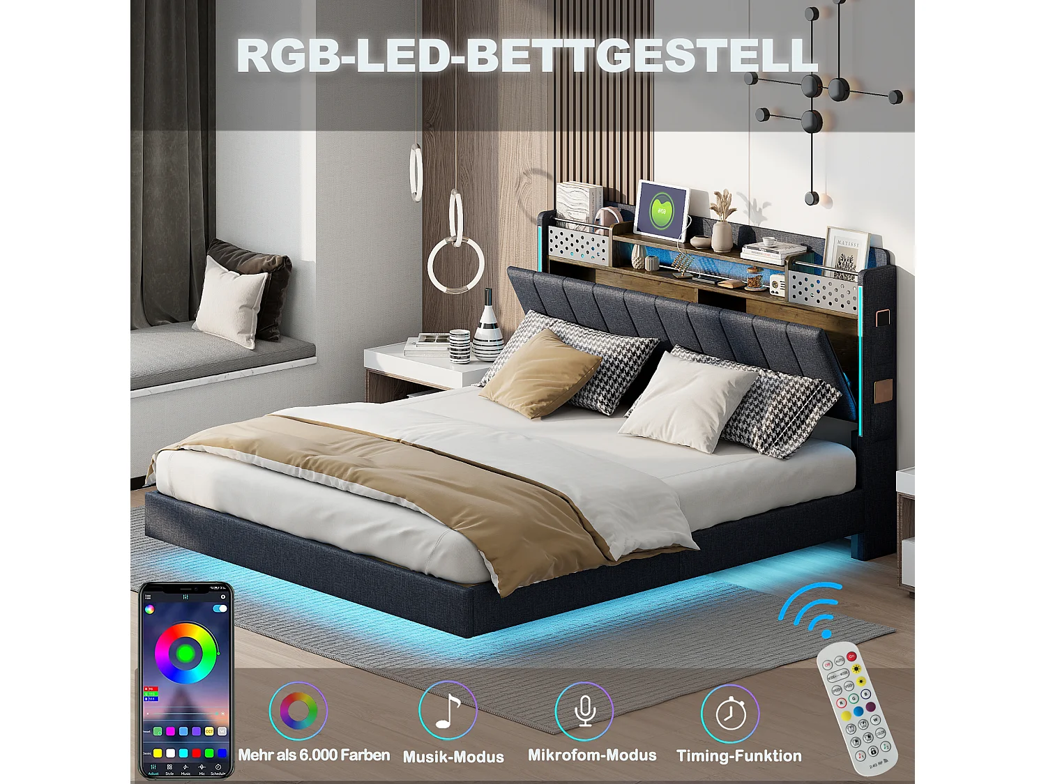 Tweepersoonsbed 140×200 cm met stekkerdoos en ledverlichting, gestoffeerd hoofdbord met opbergruimte, linnen, donkergrijs